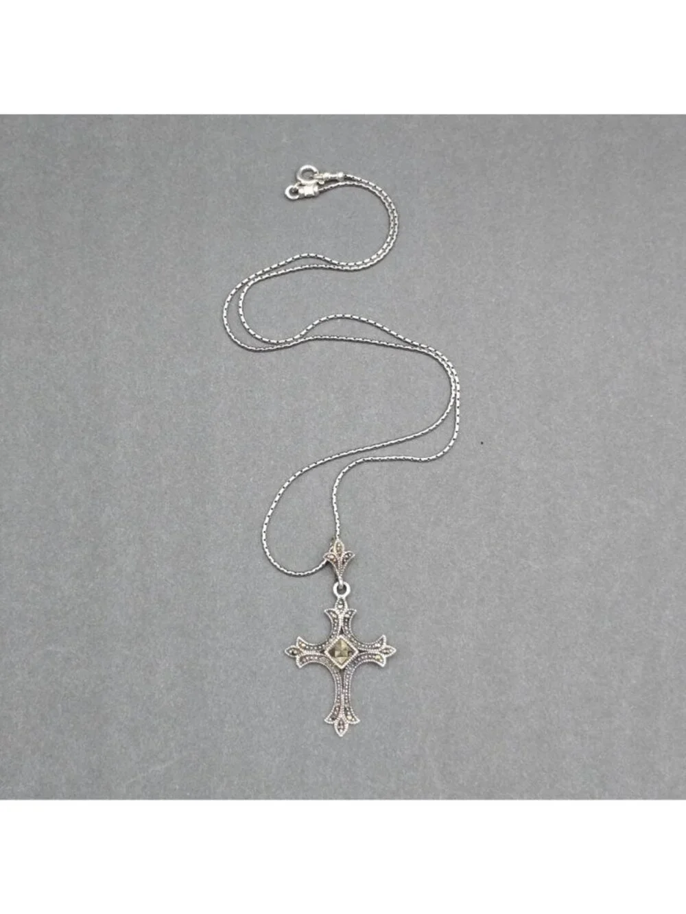 Vintage Sterling Silver Marcasite Cross Pendant Necklace Statement Gothic Style - Picture 7 of 12